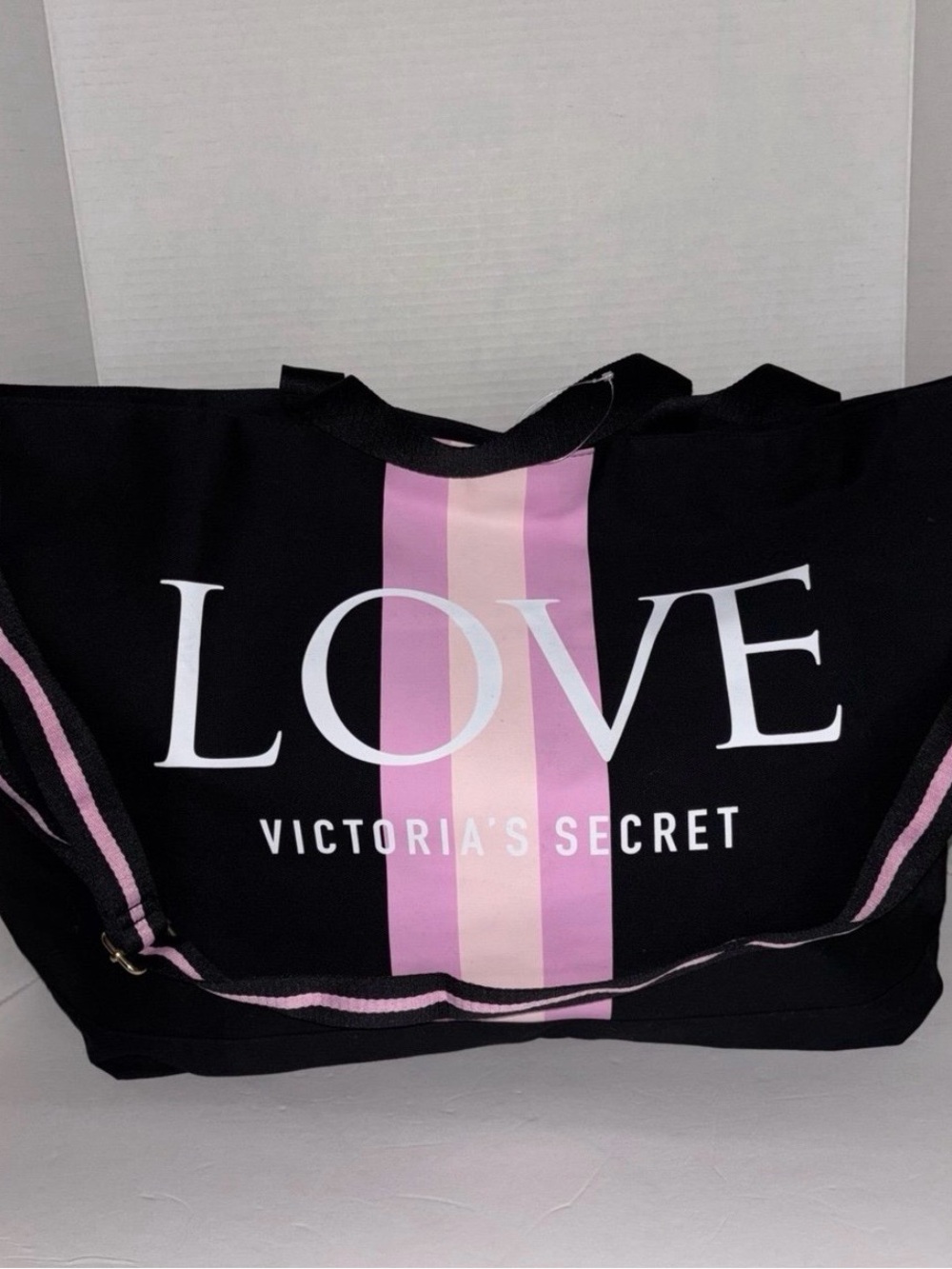 Victoria's Secret Black Tote with Pink Stripe and LOVE Logo